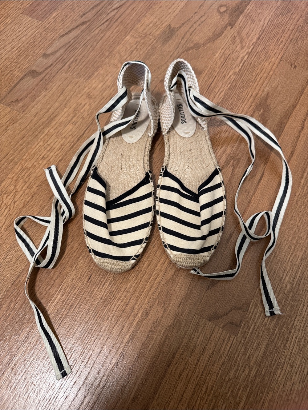 Soludos Black and Cream Striped Lace-Up Espadrilles